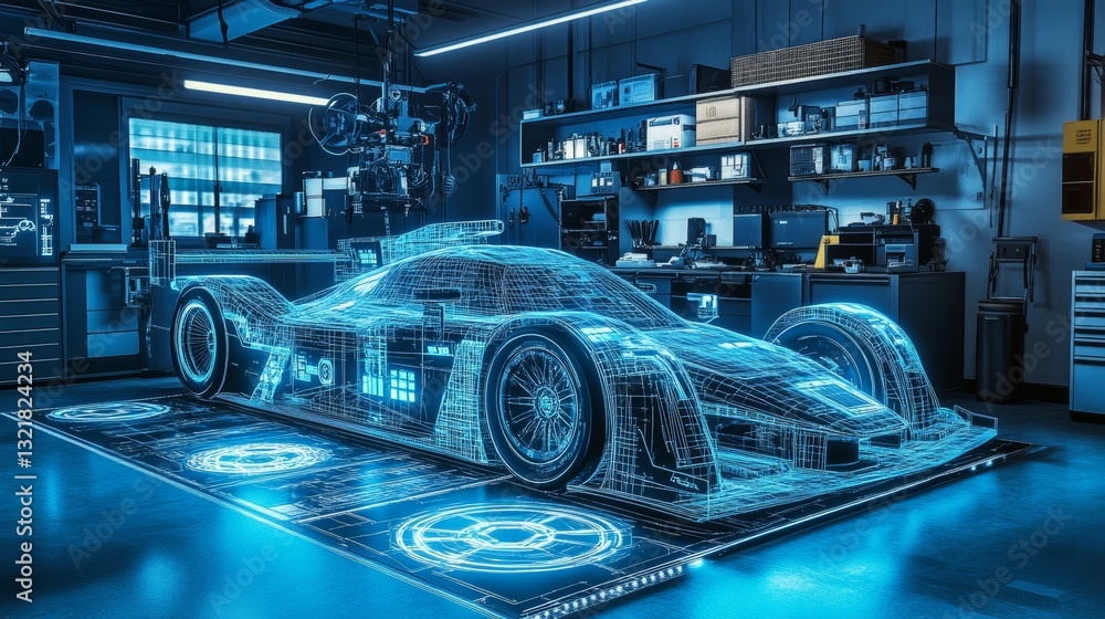 A modern automotive engineering concept is illustrated through a futuristic vehicle blueprint with a neon wireframe car design A modern automotive engineering concept is illustrated through a futuristic vehicle blueprint with a neon wireframe car design