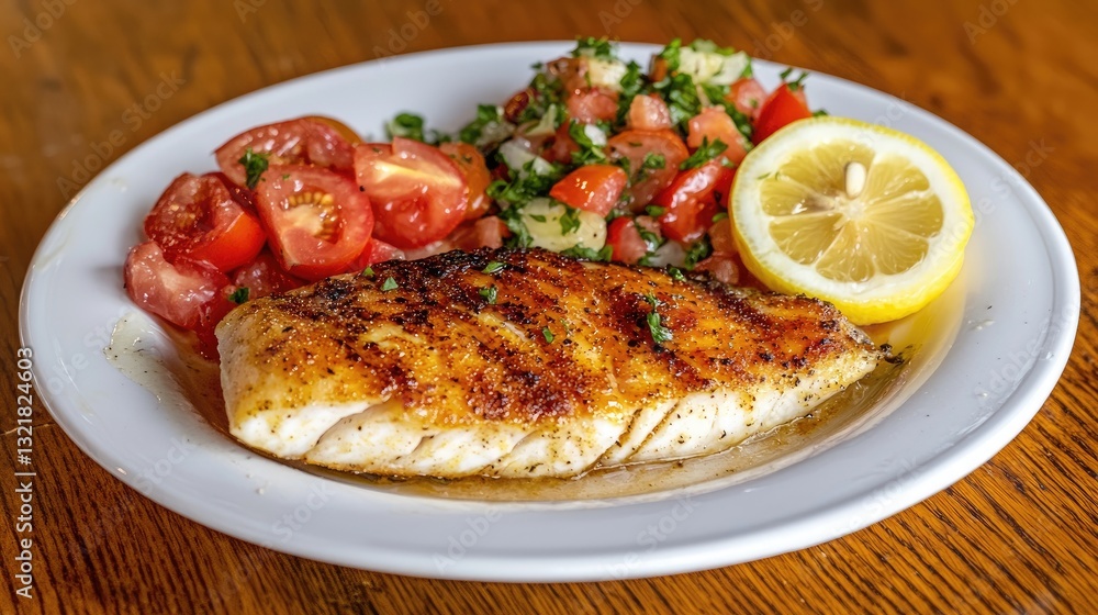 A healthy dish featuring pan-seared fish with a side of fresh tomato salad and lemon slices. A healthy dish featuring pan-seared fish with a side of fresh tomato salad and lemon slices.