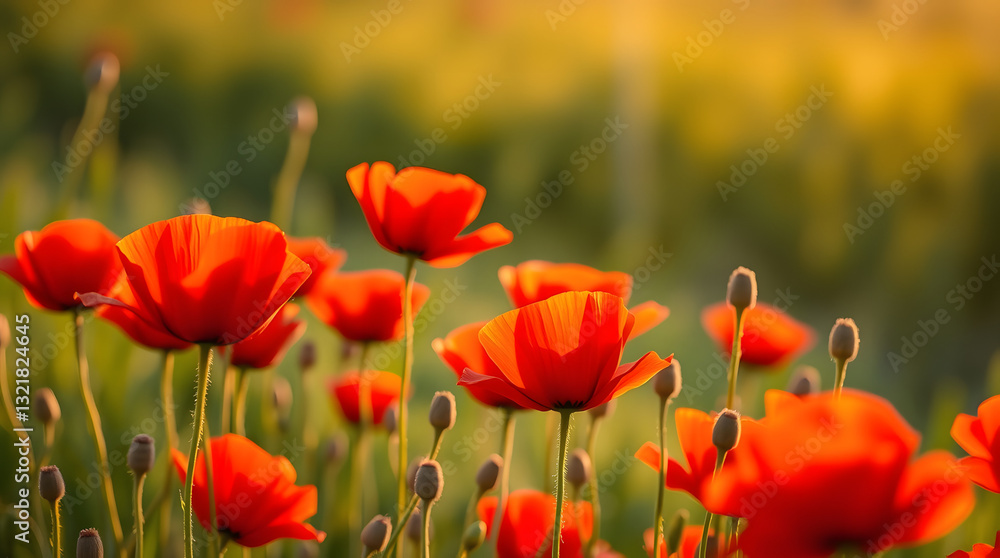 Vibrant red poppies blooming in a sunny meadow at golden hour Vibrant red poppies blooming in a sunny meadow at golden hour