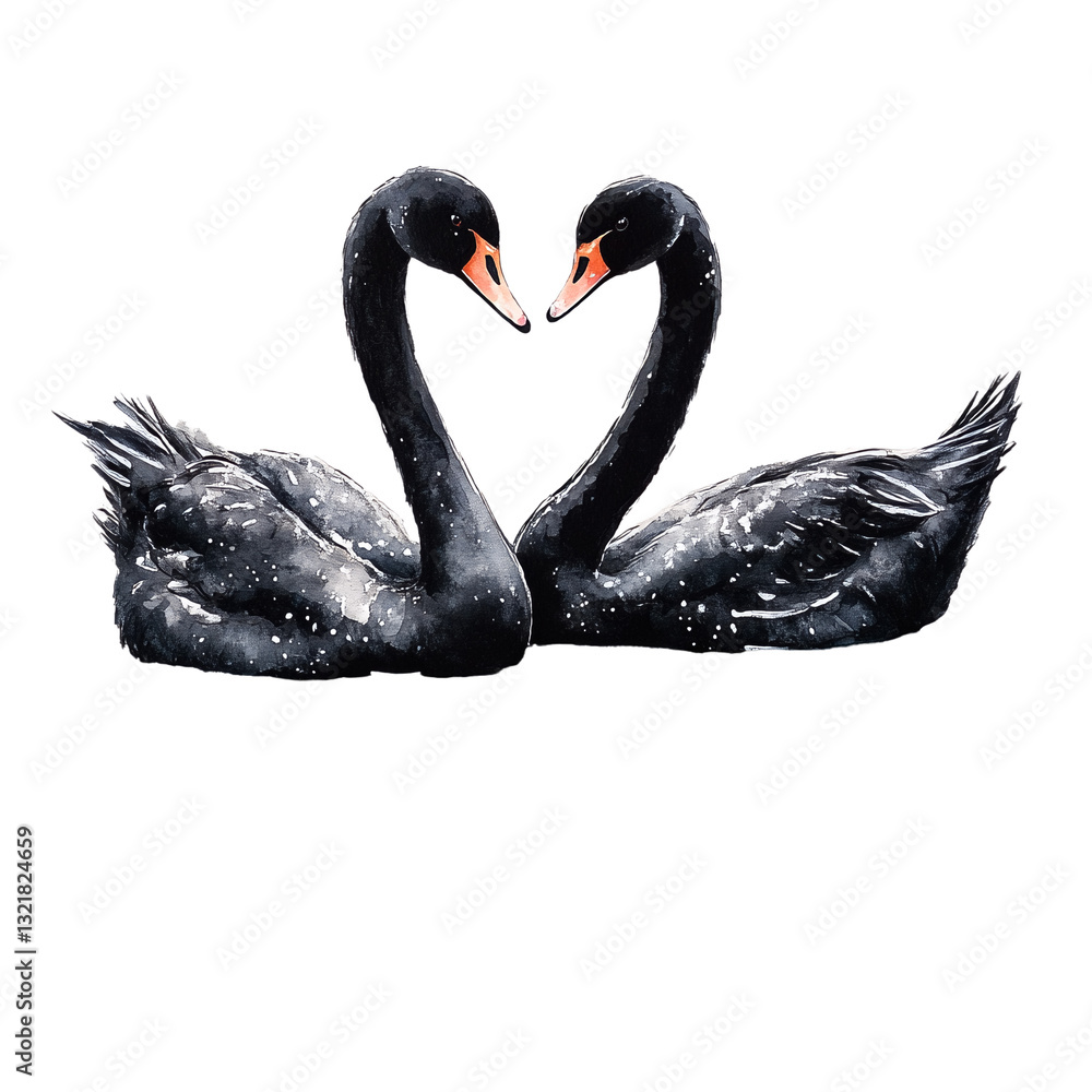 Fototapeta premium Two black swans facing each other in the shape of a heart.