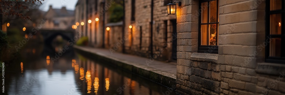 Fototapeta premium A charming canal street adorned with warm lights creates a cozy, enchanting atmosphere, evoking feelings of nostalgia and romantic adventures in serene urban settings.