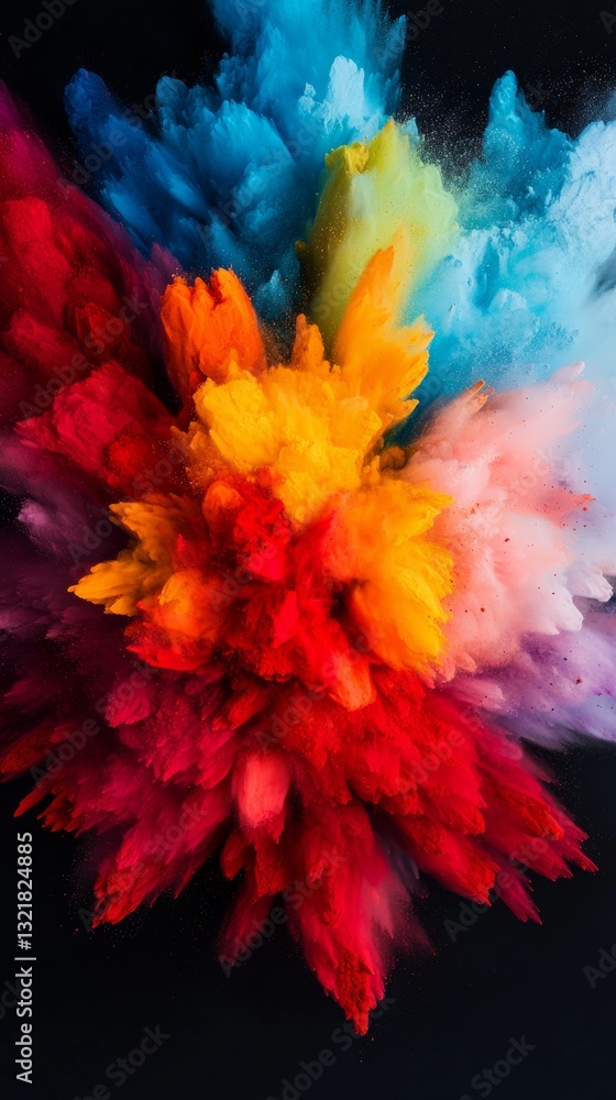 Fototapeta premium A vibrant explosion of colored powders creates a dynamic and energetic visual effect against a dark background.