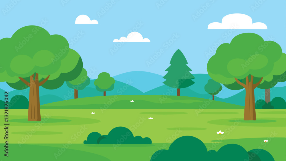 Obraz premium Green lawn in the park in summer vector Cartoon background using