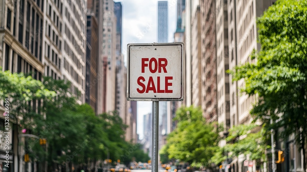 Obraz premium A bold 'For Sale' sign stands out against a bustling urban backdrop.