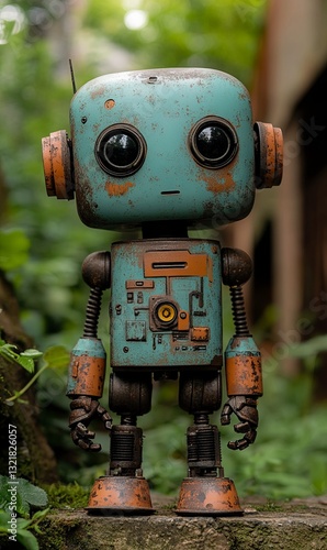 Charming miniature robot standing among lush greenery outdoors