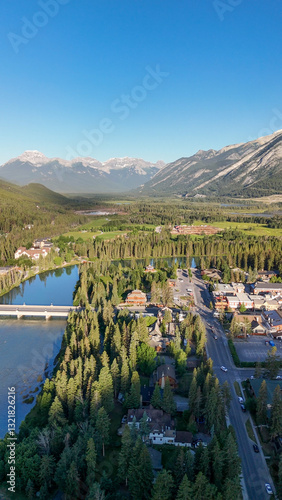 Obraz na płótnie Breathtaking aerial view of Banff town nestled in a scenic mountain valley w salonie