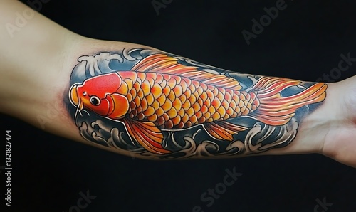 A vibrant red and gold koi fish tattoo is on display