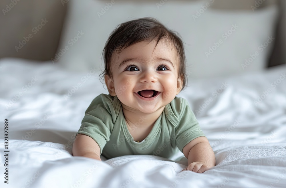 A cute baby in a green shirt crawling on the bed, laughing happily with big eyes and an open mouth. A cute baby in a green shirt crawling on the bed, laughing happily with big eyes and an open mouth.