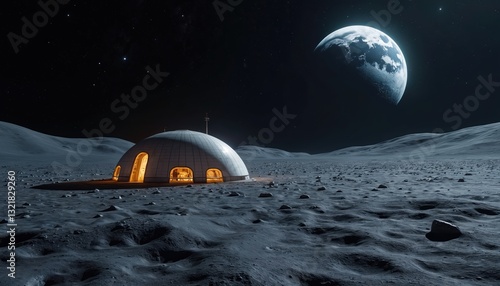 Fototapeta Naklejka Na Ścianę i Meble -  Night lunar base illuminated under dark sky of moon with earth visible. Futuristic settlement colony, space exploration, research. Science fiction lunar landscape with dome buildings.