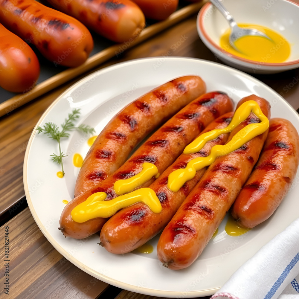 Traditional German sausages, grilled and mustardy Traditional German sausages, grilled and mustardy
