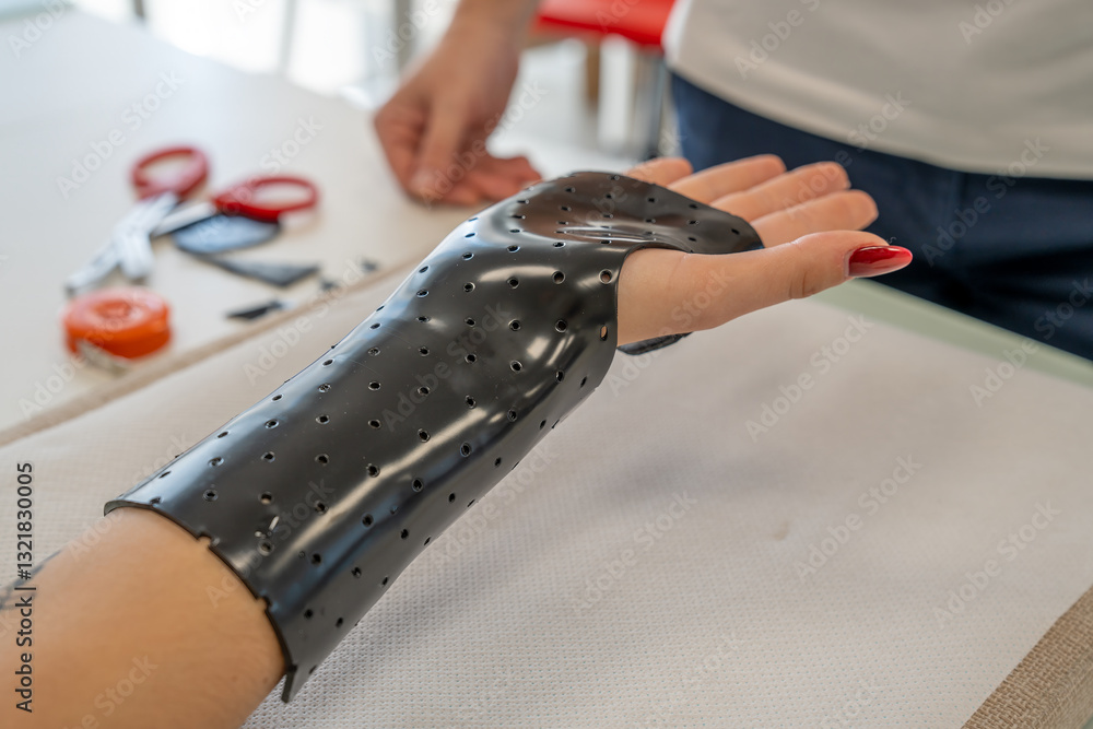 Hand splint application by a professional therapist in a modern physiotherapy center