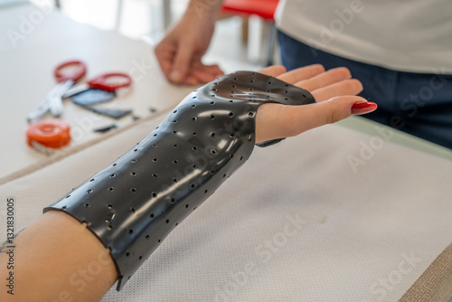 Hand splint application by a professional therapist in a modern physiotherapy center