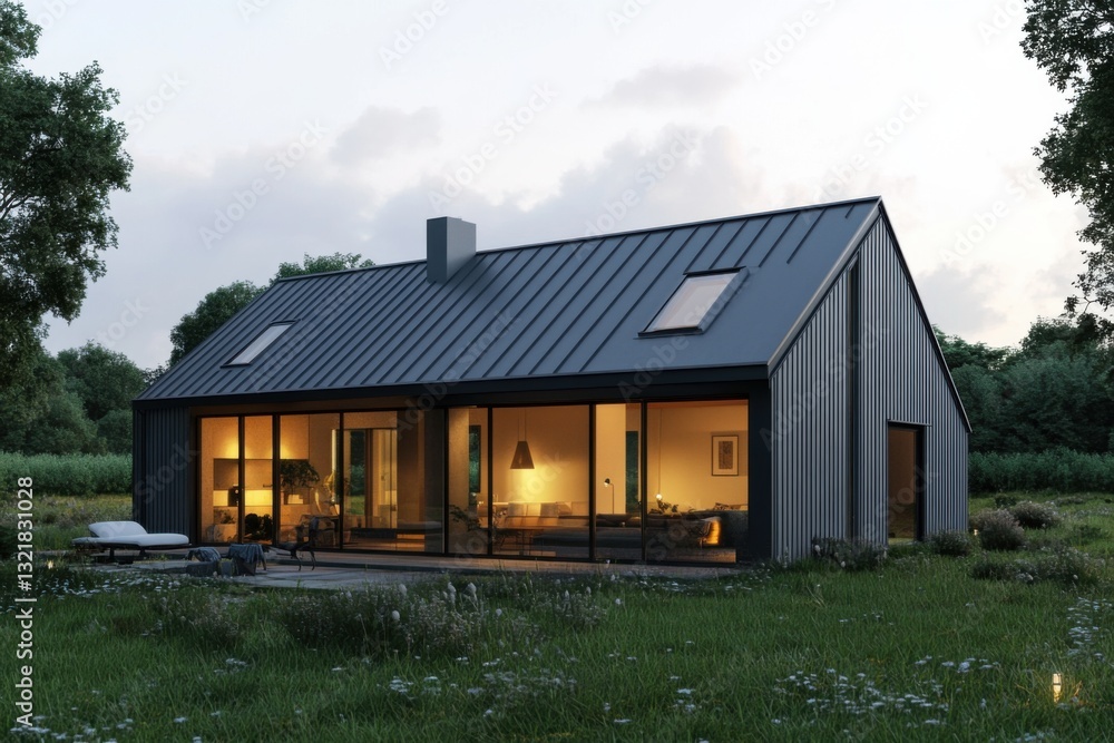 Modern house with large glass windows illuminated by warm light during dusk, surrounded by lush greenery in a serene rural setting Modern house with large glass windows illuminated by warm light during dusk, surrounded by lush greenery in a serene rural setting