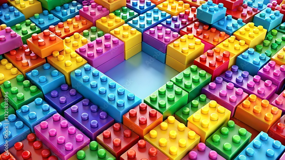 Naklejka premium Colorful plastic blocks in various colors on black and white backgrounds, featuring alphabet letters for building and educational play