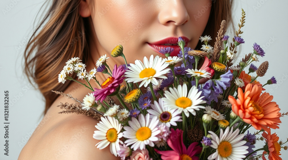 Fototapeta premium Close-up of a person with soft features and fair skin holding a bouquet of wildflowers. Graceful and elegant pose, commercial style – Generative AI