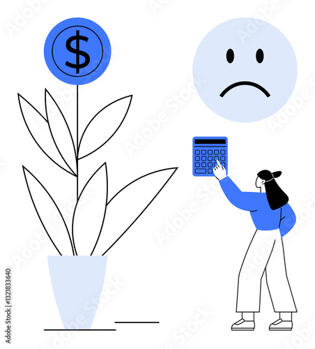 Woman using calculator near plant growing a dollar, expressing financial stress. Ideal for economy, budgeting, personal finance, savings, debt, investments, financial struggle flat simple metaphor