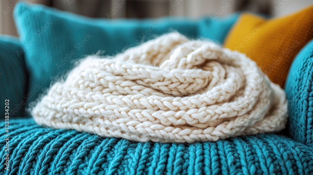 Cozy Knitted Blanket on Teal Couch Cozy Knitted Blanket on Teal Couch