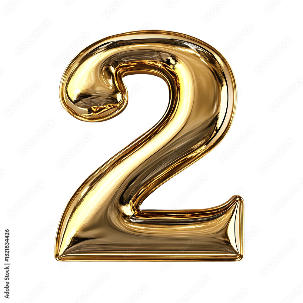 Gold-colored balloon-style 3D rendering of the number two. Gold-colored balloon-style 3D rendering of the number two.