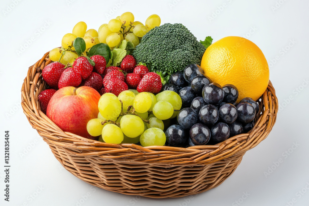 Basket of fresh, colorful fruit and vegetables on rustic wooden table, with natural light illuminating the abundance of produce. Basket of fresh, colorful fruit and vegetables on rustic wooden table, with natural light illuminating the abundance of produce.