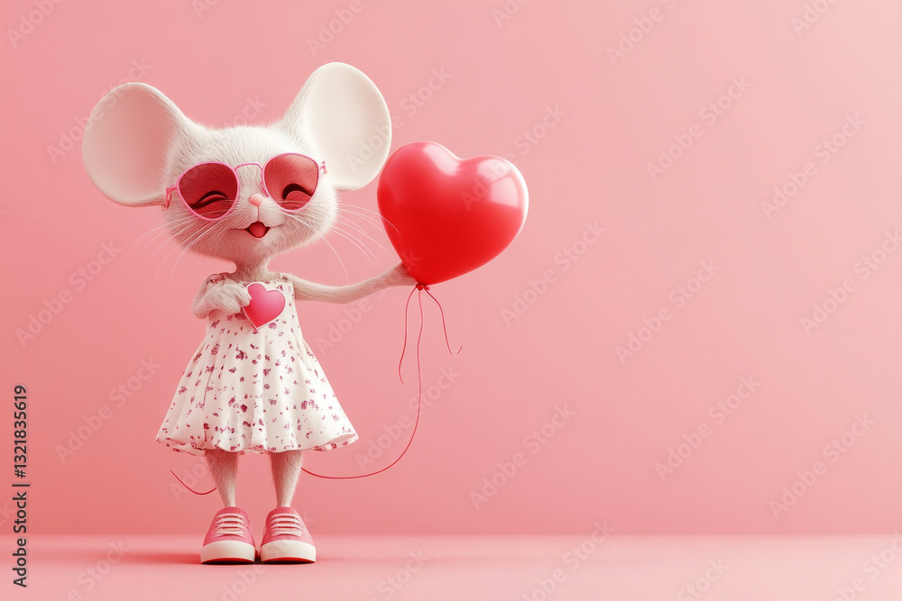The playful grey mouse, dressed in a dress and sneakers, joyfully holds a heart-shaped balloon, bringing cheer to a kids story character The playful grey mouse, dressed in a dress and sneakers, joyfully holds a heart-shaped balloon, bringing cheer to a kids story character