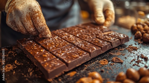Artisan Chocolate Maker Carefully Arranges Gourmet Chocolate Bars