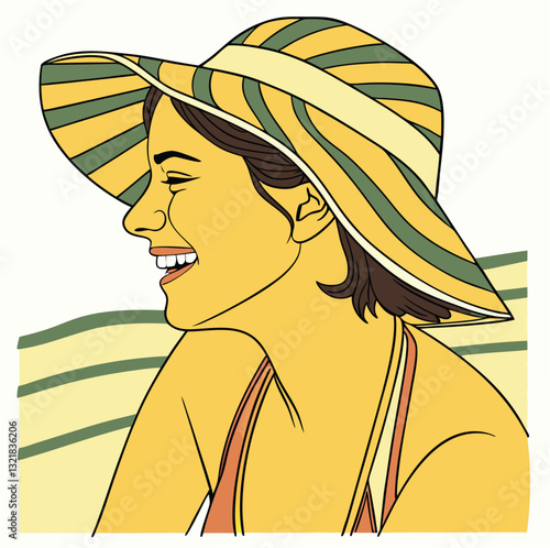 Portrait of smiling young woman wearing sun hat and bikini at beach, cut out.