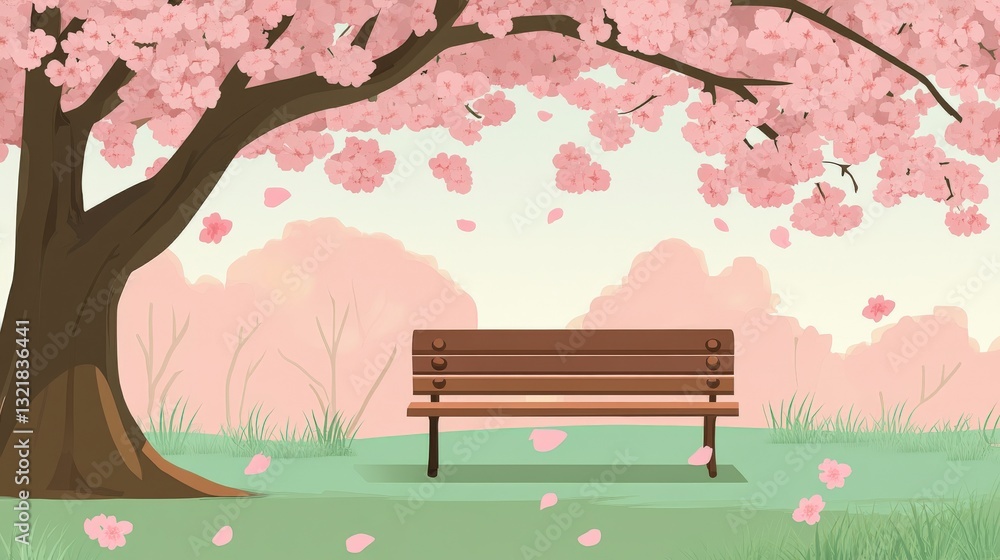 Serene Spring Park with Cherry Blossoms and a Wooden Bench Serene Spring Park with Cherry Blossoms and a Wooden Bench