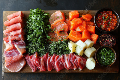 Wooden cutting board topped with fresh sliced meat, colorful array of vegetables, and aromatic herbs, ready for cooking. photo