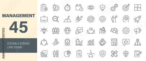 Management icon set. Business related icons: teamwork, core value, vision, mission, goal, target, function, principle and more. Editable line icons. Vector illustration.