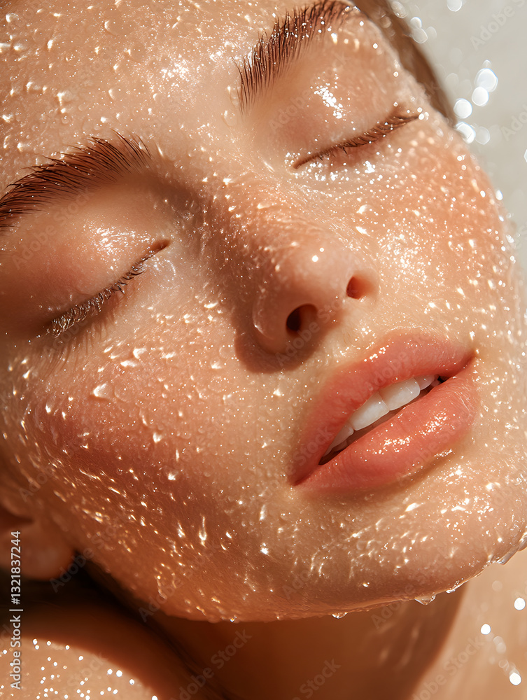 Fototapeta premium A woman enjoys a calming spa experience as glistening water droplets rest on her face