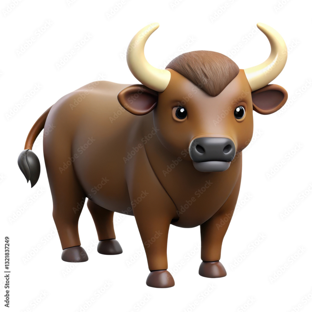 A stylized cartoon bull with a rounded body, prominent horns, and a friendly expression, illustration of 3d rendering. A stylized cartoon bull with a rounded body, prominent horns, and a friendly expression, illustration of 3d rendering.