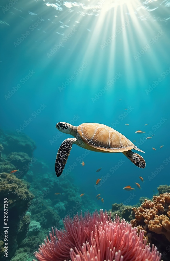 Naklejka premium Sea turtle swims over coral reef in clear turquoise ocean. Sun rays shine underwater on peaceful marine life. Green turtle surrounded by small fish, sea grass. Concept of environment, travel,