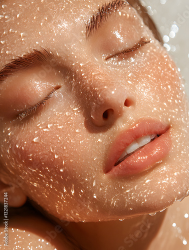 A woman enjoys a calming spa experience as glistening water droplets rest on her face