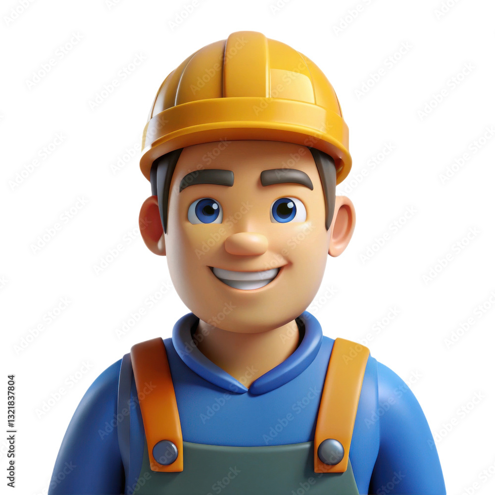 A cheerful cartoon construction worker wearing a yellow hard hat and blue outfit, with a friendly smile and bright blue eyes, illustration of 3d rendering. A cheerful cartoon construction worker wearing a yellow hard hat and blue outfit, with a friendly smile and bright blue eyes, illustration of 3d rendering.