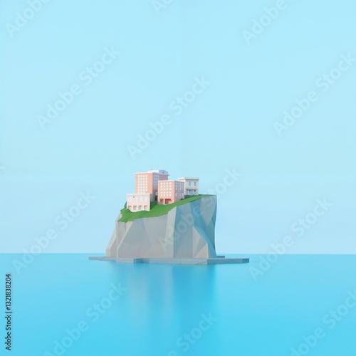 Minimalist Peach Buildings on Rocky Island