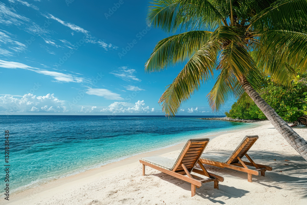 Two chairs on the beach between two tall palm trees, overlooking the ocean on a sunny day. Two chairs on the beach between two tall palm trees, overlooking the ocean on a sunny day.