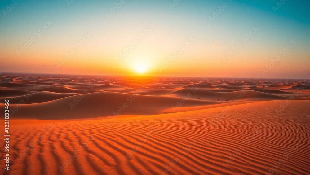 A surreal and vibrant cinematic photo of a vast, undulating desert landscape at sunset. A surreal and vibrant cinematic photo of a vast, undulating desert landscape at sunset.