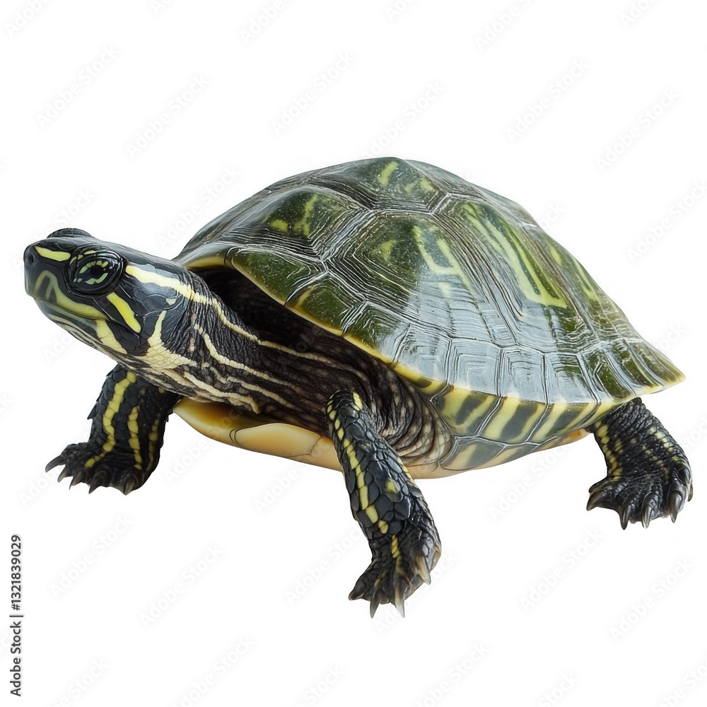 Fototapeta premium Close-up of a colorful turtle on a white background, showcasing its textured shell and intricate patterns.