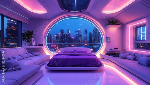 Wallpaper Mural Advanced futuristic penthouse bedroom with a large round window, a night-time city view outside Torontodigital.ca