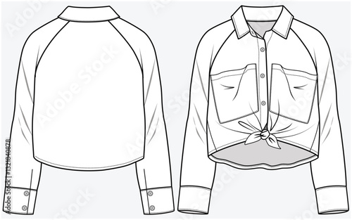 CROP LENGTH RAGLAN SLEEVES WOVEN SHIRT WITH FRONT TIE UP AND LARGE POCKET DETAIL DESIGNED FOR TEEN AND KID GIRLS IN VECTOR ILLUSTRATION FILE