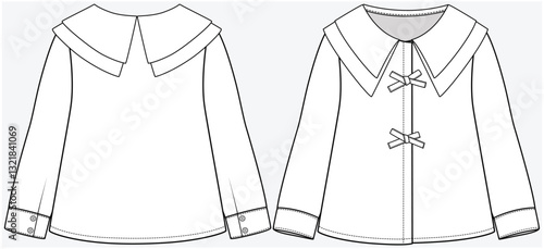 LONG SLEEVES WOVEN TOP WITH PETER PAN COLLAR AND CUTE BOW DETAIL DESIGNED FOR TEEN AND KID GIRLS IN VECTOR ILLUSTRATION FILE