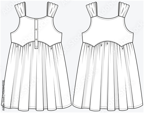 TIERED SUNDRESS WITH STYLIZED WAIST DETAIL DESIGNED FOR TEEN AND KID GIRLS IN VECTOR FILE