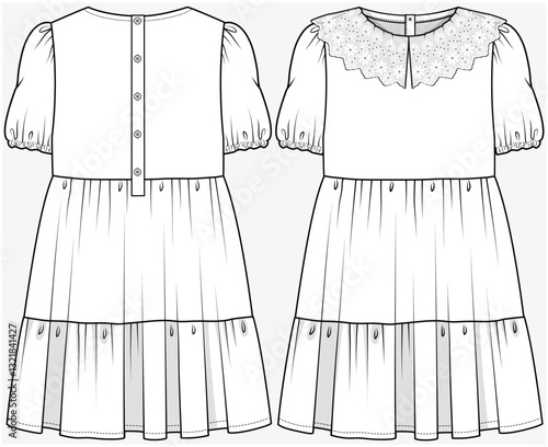 TIERED DRESS WITH SHORT PUFF SLEEVES AND EMBROIDERED COLLAR DETAIL DESIGNED FOR TEEN AND KID GIRLS IN VECTOR FILE
