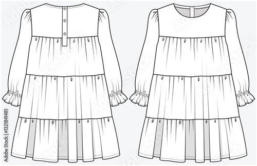 TIERED DRESS WITH LONG SLEEVES DETAIL DESIGNED FOR TEEN AND KID GIRLS IN VECTOR FILE