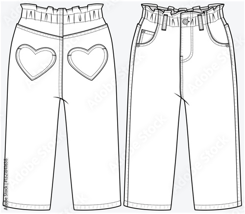 LOOSE FIT DENIM JEANS WITH PAPER BAG WAIST AND  HEART SHAPE BACK POCKET DETAIL DESIGNED FOR KID GIRLS TWEEN GIRLS AND TODDLER GIRLS IN VECTOR FILE