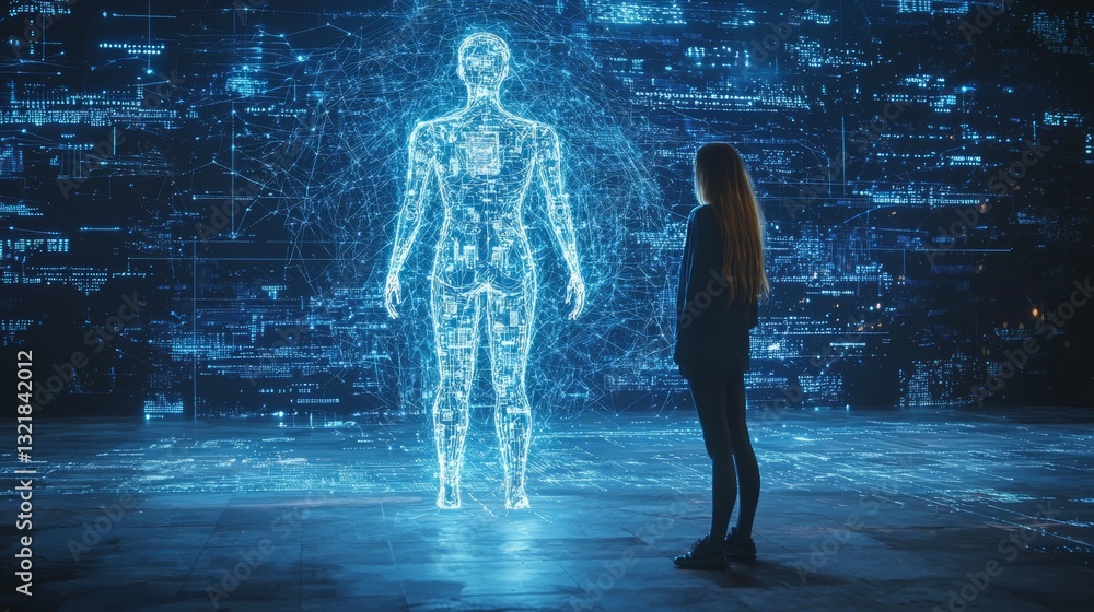 Woman Facing Holographic Human Body in Technological Future Environment