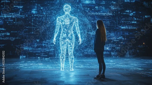Woman Facing Holographic Human Body in Technological Future Environment
