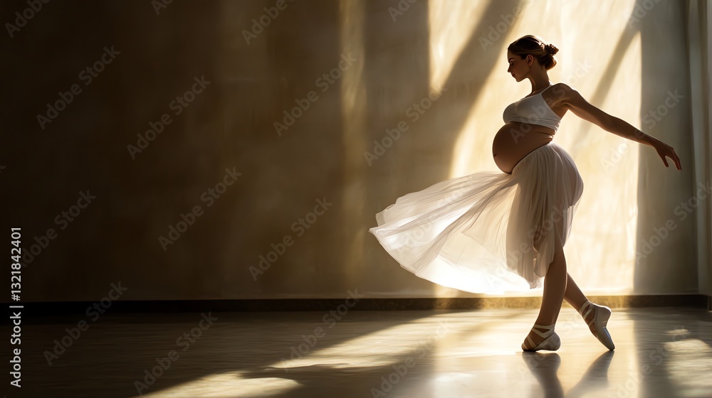 A graceful pregnant dancer twirls in soft light, embodying elegance and beauty in a serene environment. A graceful pregnant dancer twirls in soft light, embodying elegance and beauty in a serene environment.