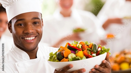 In a bustling kitchen, a smiling young African American chef professionally presents a bowl of fresh vegetables, highlighting the importance of nutritious food