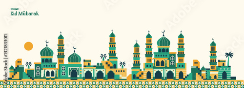 Orange geometric arabic city landscape pattern, Ramadan Kareem, Eid al-Fitr with bright colored Arabic and Islamic icons